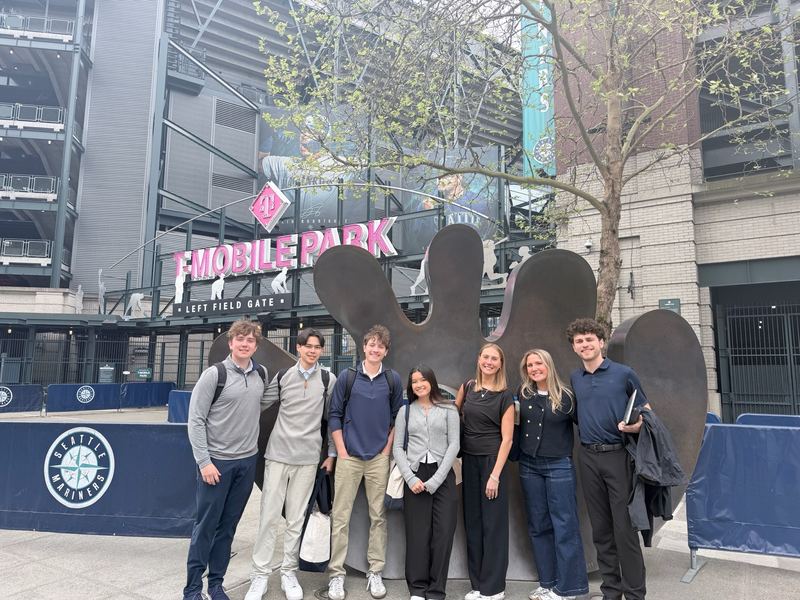 Students outside the left field gate at T-Mobile Park.