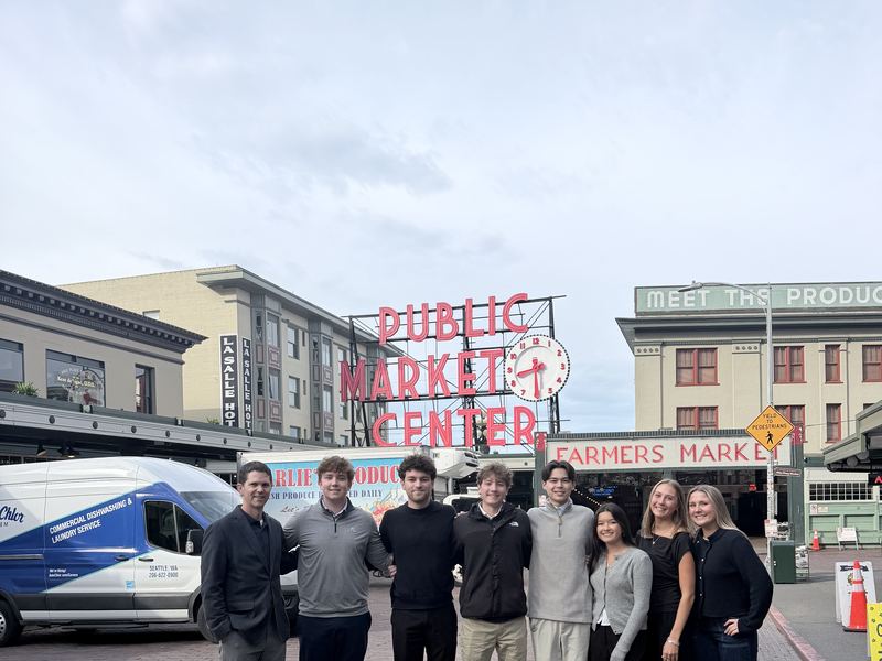 Students and their hosts outside Pike Place Market in Seattle.